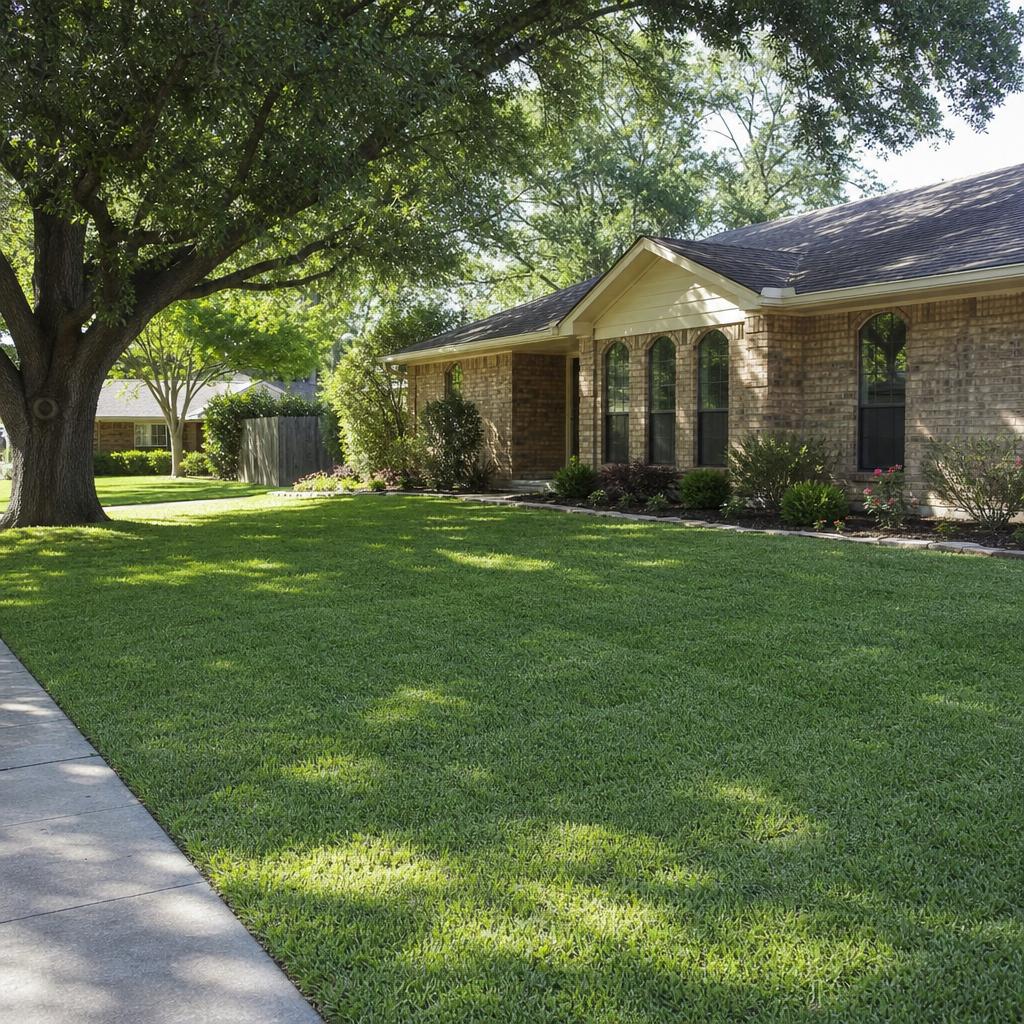Established Arlington residential lawn beside a brick home and mature shade tree